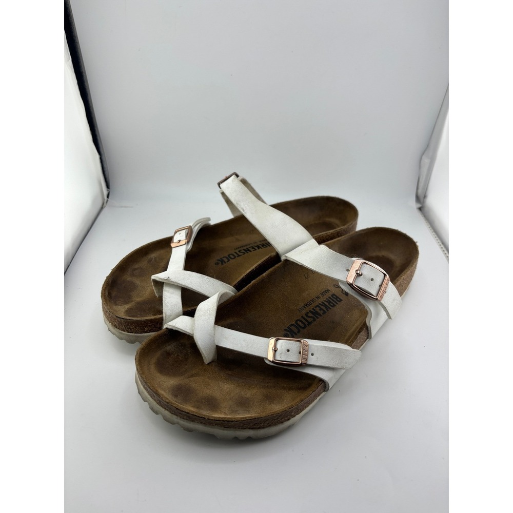 Birkenstock Mayari White Rose Gold Buckle Strappy Toe Loop Sandals Womens 39